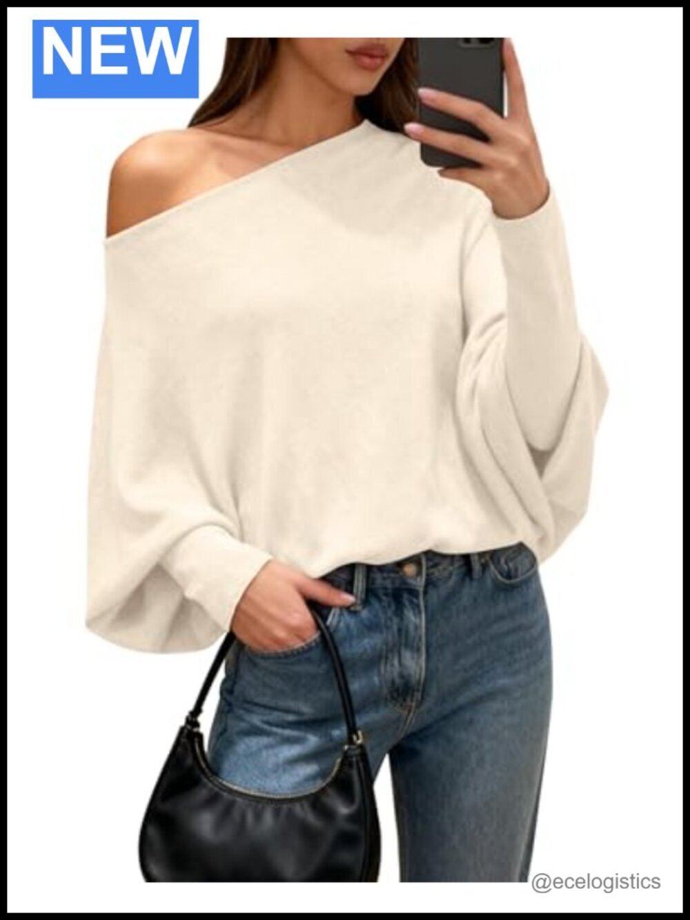 Off The Shoulder Batwing Sleeve Sweater Pullover Chunky Knit Tops Cozy Loose Fit